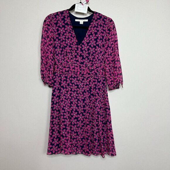 Diane von Furstenberg Silk Blue Pink Floral Pleated Fit & Flare Dress Size 2 - Picture 1 of 9